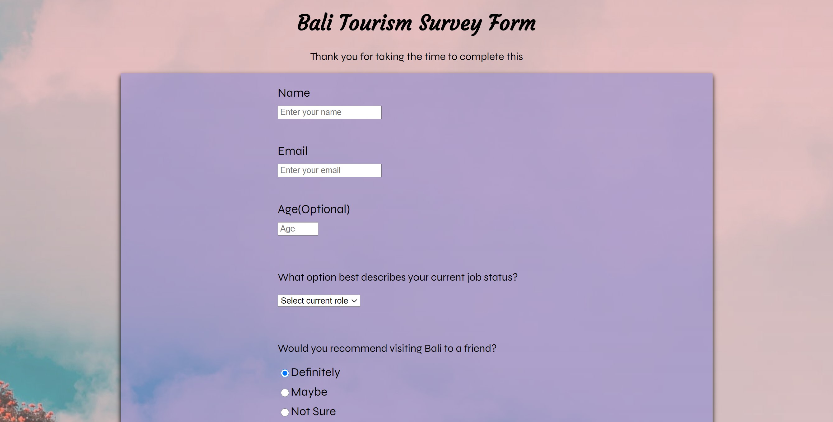 screenshot of survey form